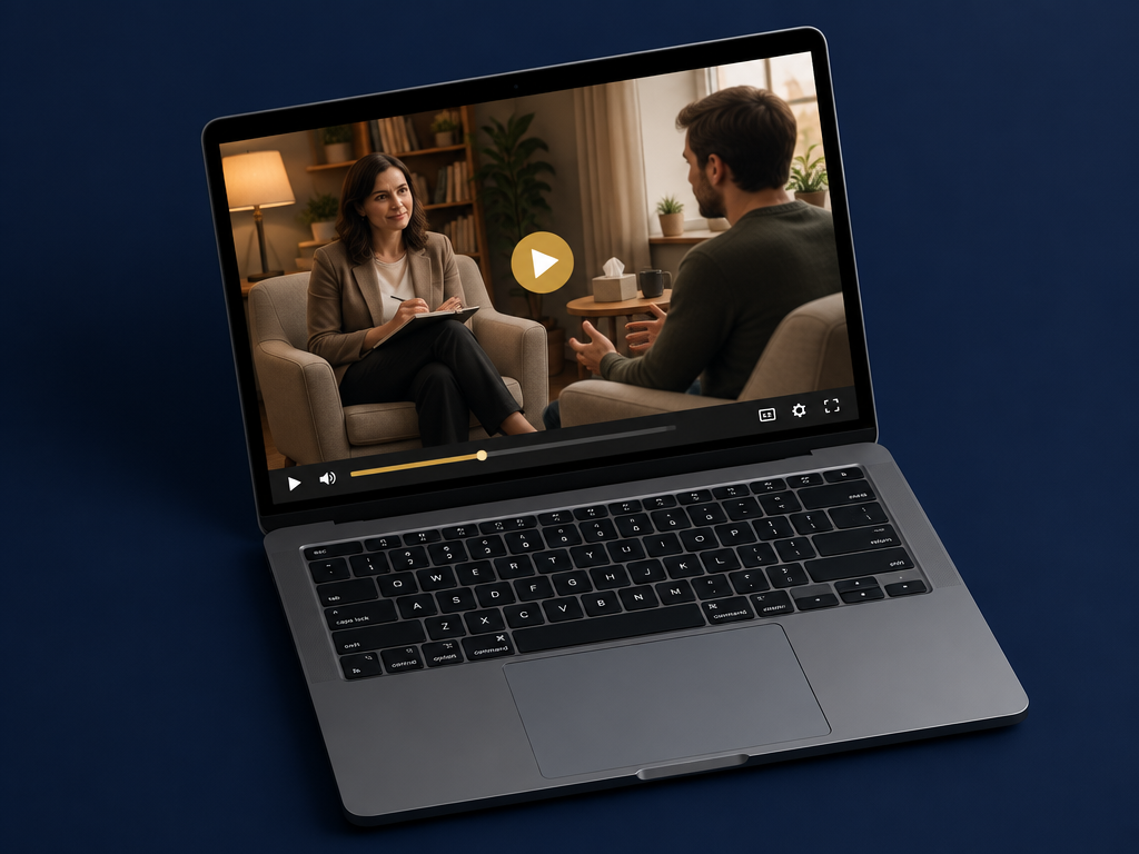 Mockup de videoaula do curso: aula gravada com cena de atendimento clínico em um notebook